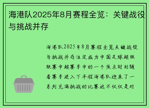 海港队2025年8月赛程全览：关键战役与挑战并存