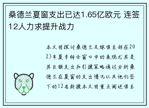 桑德兰夏窗支出已达1.65亿欧元 连签12人力求提升战力