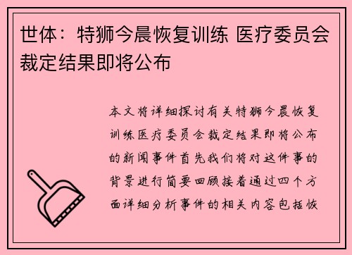 世体：特狮今晨恢复训练 医疗委员会裁定结果即将公布